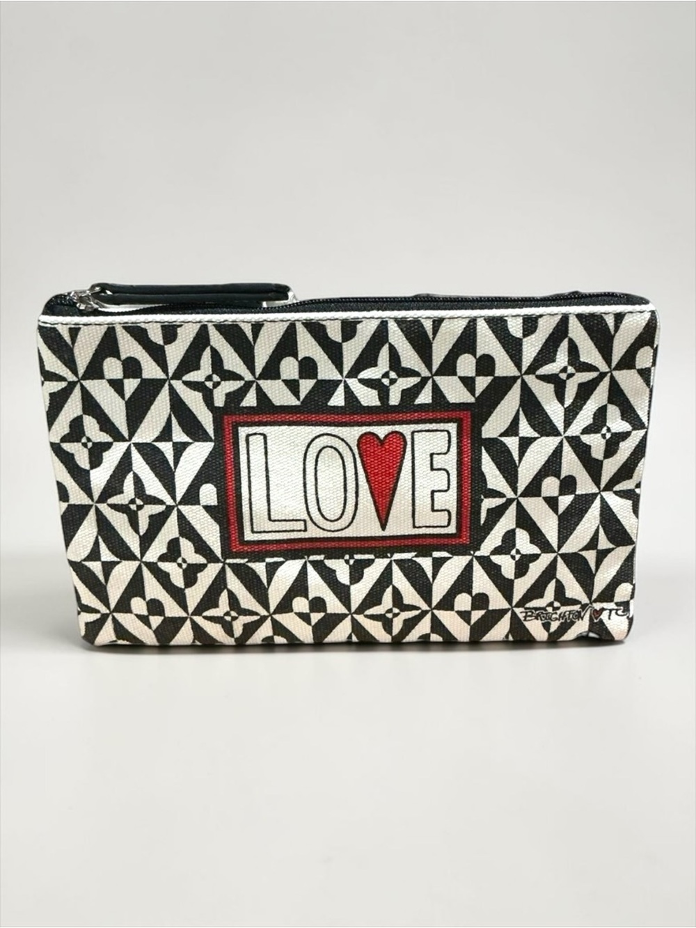 Brighton Love Wristlet Cosmetic Bag Makeup Pouch Black White Hearts